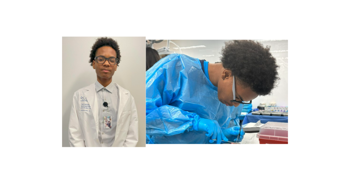 African American teen male wearing a physician white coat and black rimmed glasses