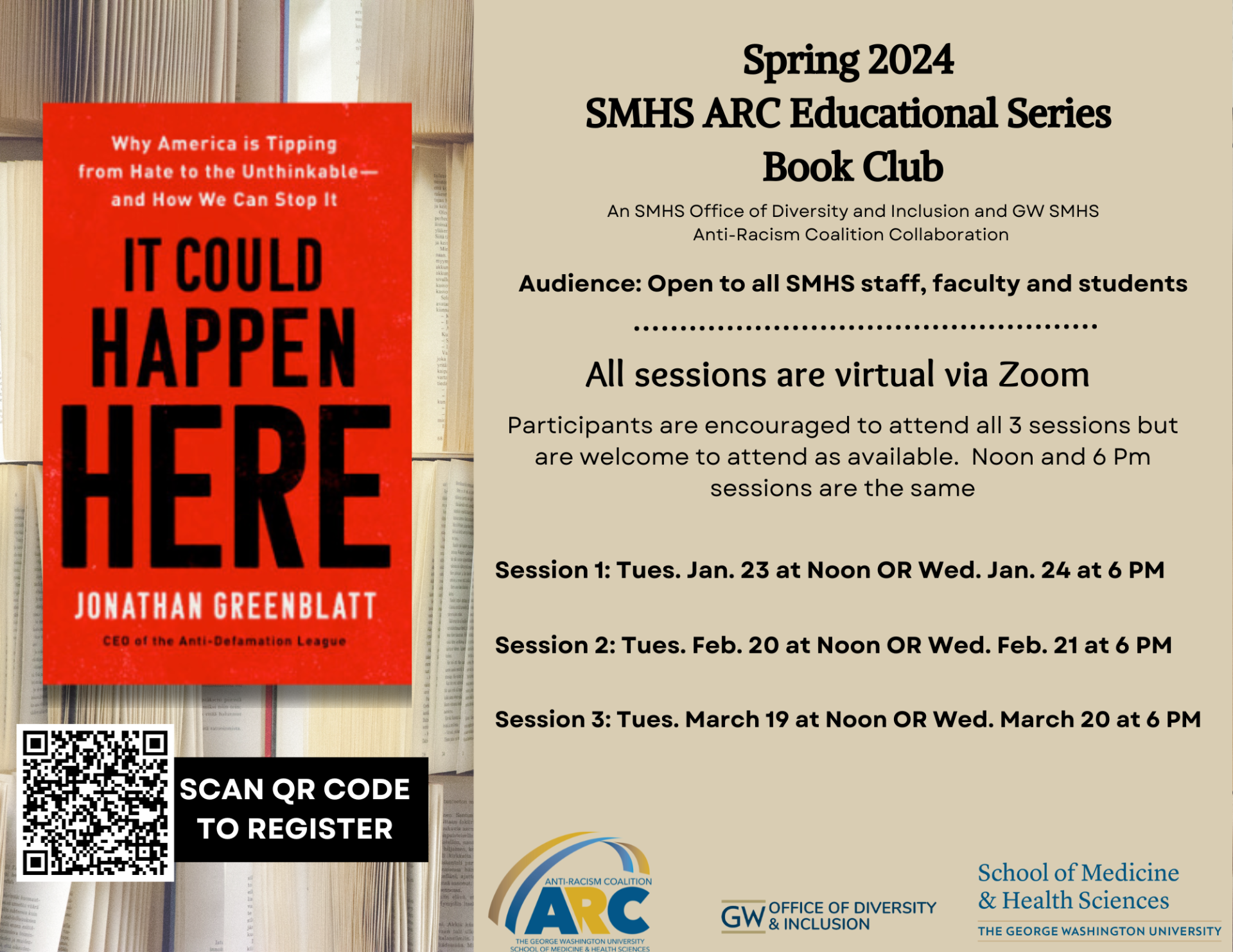 Left: book cover for it could happen here; right: Spring 2024 book club with session dates of 1/23, 1/24, 2/20, 2/21, 3/19, and 3/20