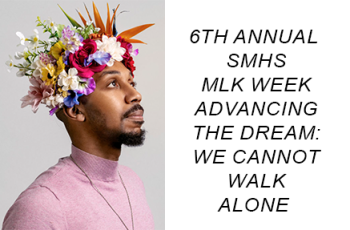  Image on the left side is a headshot of George M. Johnson wearing a light pink turtle neck top and flower crown looking upward. Written on the right of the image says 6th annual MLK week advancing the dream: we cannot walk alone.